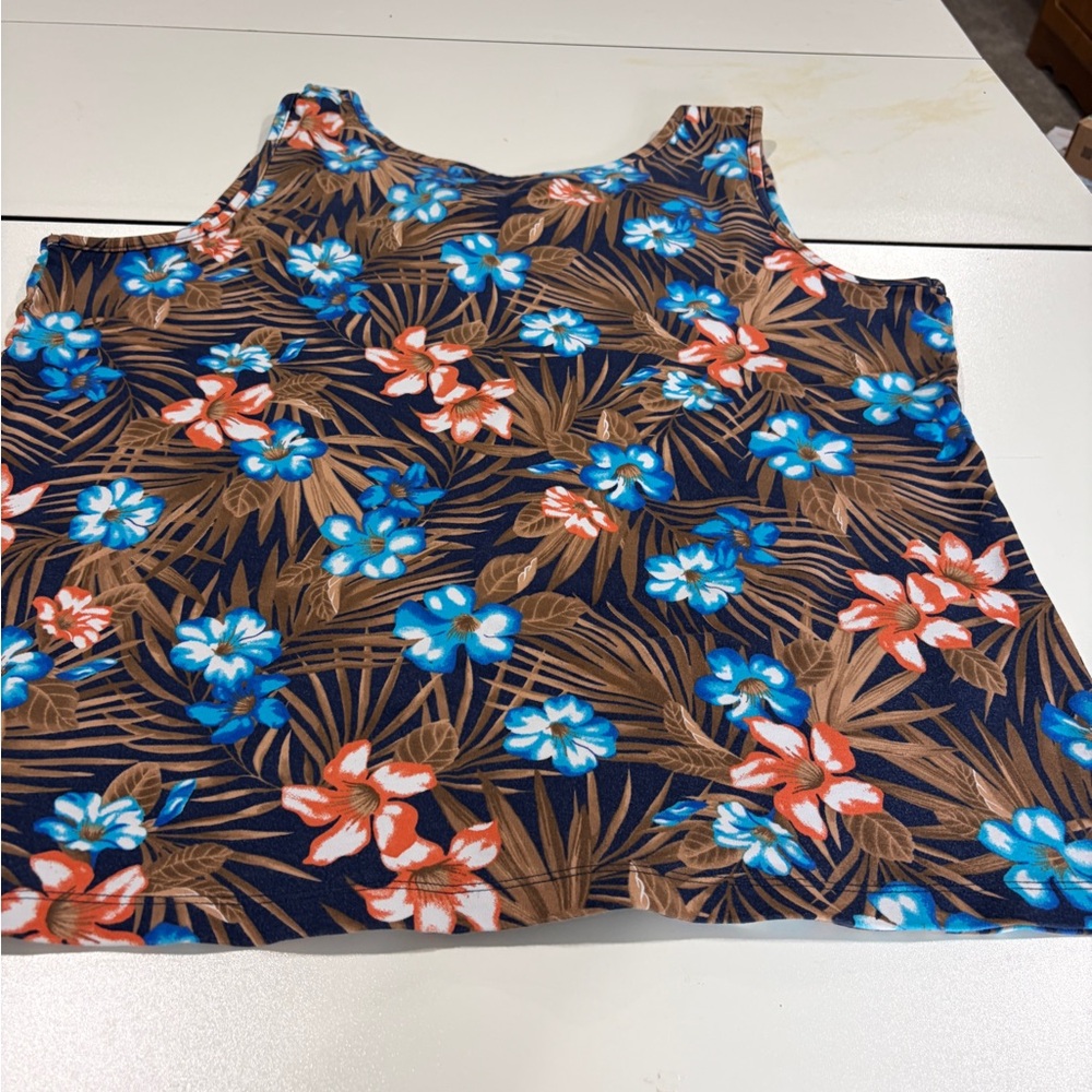 Lands' End Floral Tank Top - Blue, Brown, Red XL